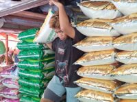 Sumber Foto : (Kompas.com/Darsil Yahya M), Pegawai toko beras di Pasar Terong Makassar, Sulsel saat mengangkat beras untuk pelanggannya, Selasa (13/2/2024).