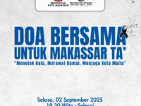 Sumber Foto : Humas Pemkot, Poster resmi Pemerintah Kota Makassar bersama KNPI Makassar mengumumkan kegiatan Doa Bersama untuk Makassar Ta’ yang akan digelar besok di lapangan Karebosi, Selasa, (2/9/2025).