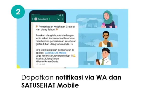 Sumber Foto : Tangkapan Layar/Tampilan notifikasi WhatsApp dari Kementerian Kesehatan mengenai program Pemeriksaan Kesehatan Gratis (PKG) di hari ulang tahun, juga dapat diakses melalui aplikasi SATUSEHAT Mobile.